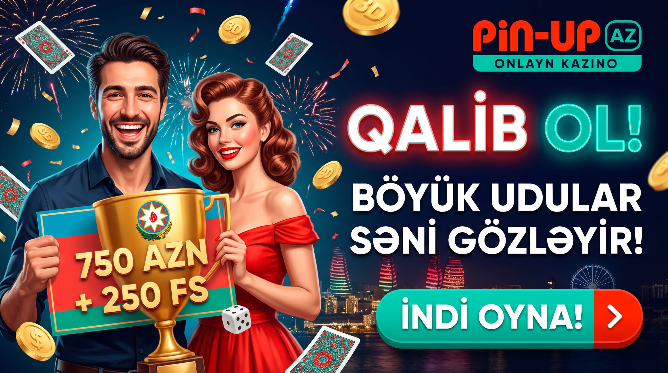 Qızıl kubok və 750 manat üstəgəl 250 pulsuz fırlanma yazısı olan afişa