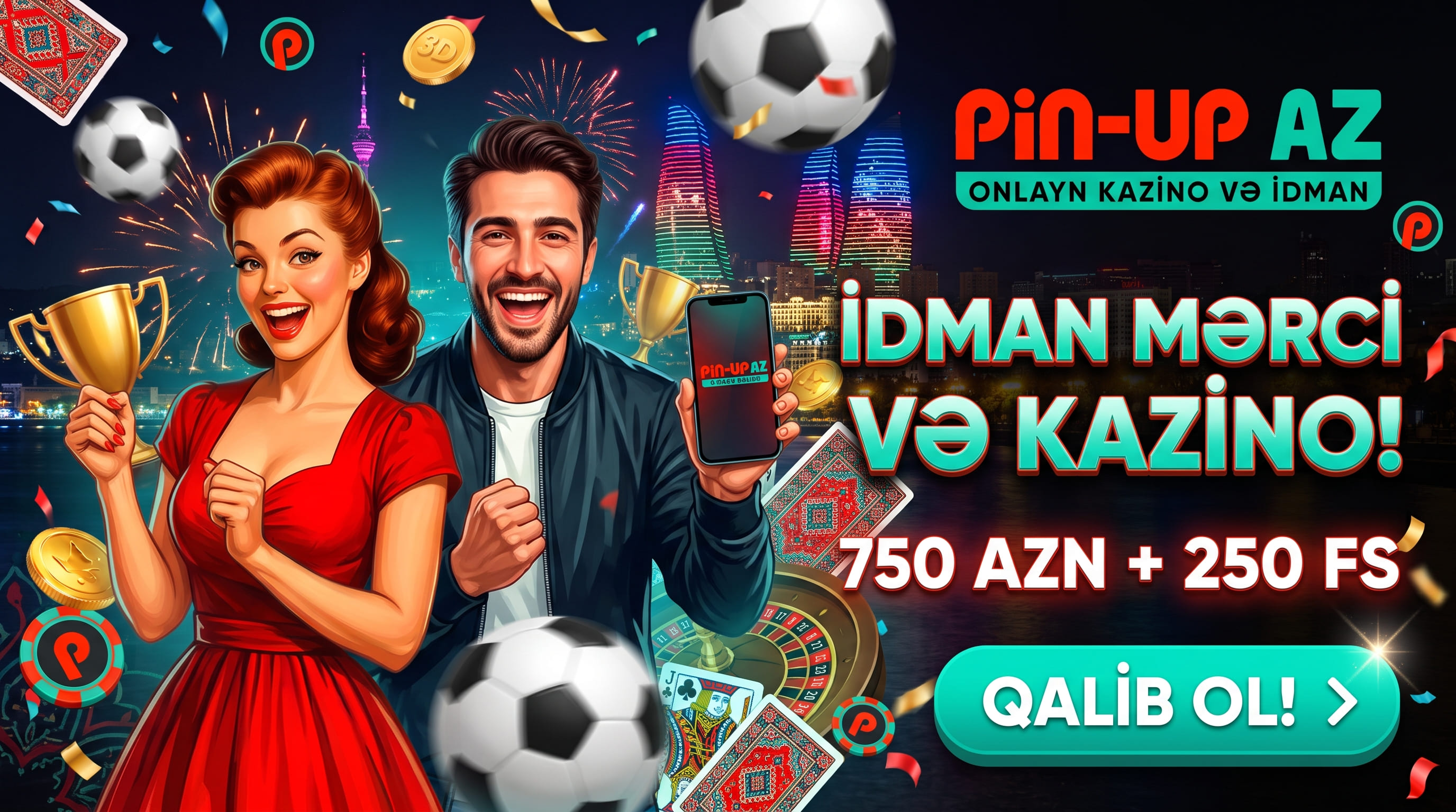 Gecə şəhər silueti fonunda futbol topları, rulet və kubok tutan cütlük